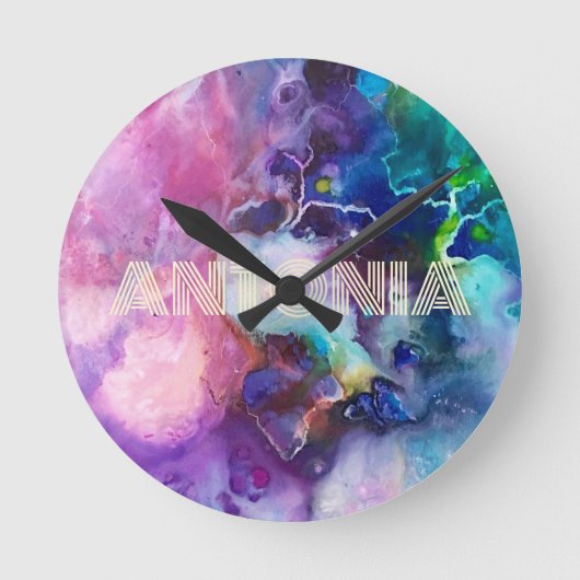 Waterverf regenboog grillige naam ronde klok (Voorkant)