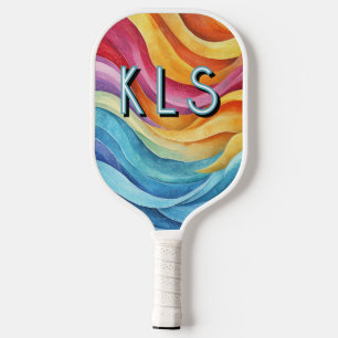 Waterverf regenboog kleurrijke werveling monogram pickleball paddle