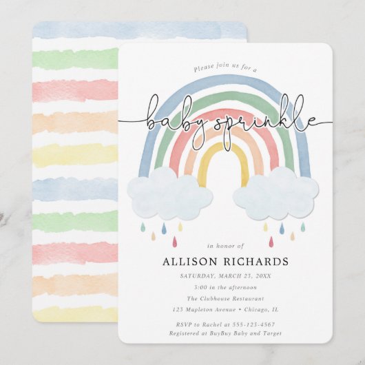 Waterverf regenboog pastel baby sprinkle kaart (Voorkant / Achterkant)