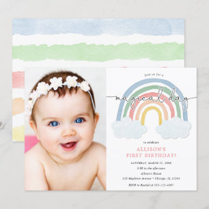 Waterverf regenboog pastel meisje 1e verjaardag fo kaart