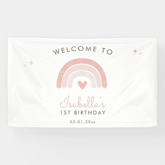 Waterverf Regenboog Roze Hart 1e Verjaardag Welkom Spandoek (Horizontaal)