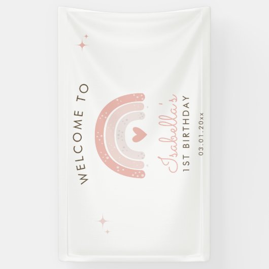 Waterverf Regenboog Roze Hart 1e Verjaardag Welkom Spandoek (Verticaal)