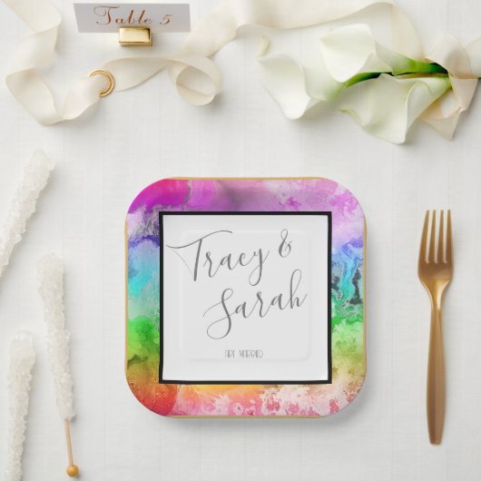 Waterverf regenboogalcohol papieren bordje (Huwelijk)