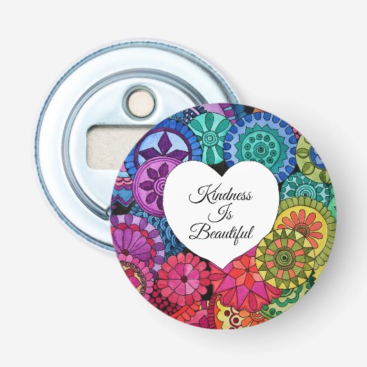 Waterverf Regenboogstraat Mandala met hart Button Flesopener (Voorkant)