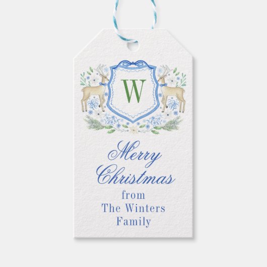 Waterverf Rendier Monogram Crest Christmas Cadeaulabel (Voorkant)