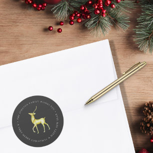 Waterverf rendieren vrolijk kerstfeest familienaam ronde sticker