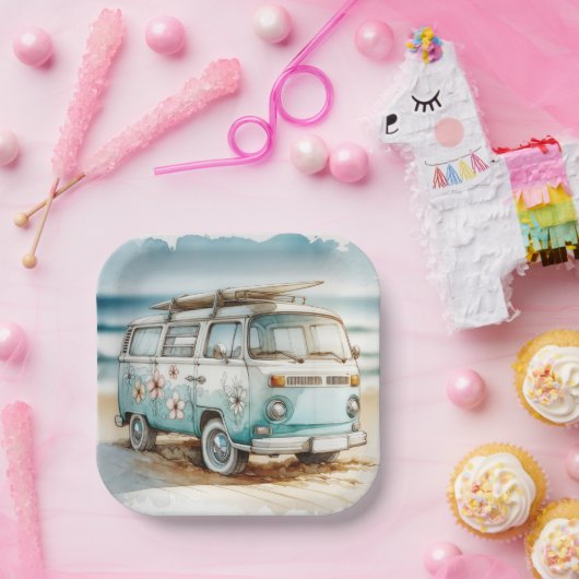 Waterverf Retro Campervan met Surfboard Papieren Bordje (Feest)