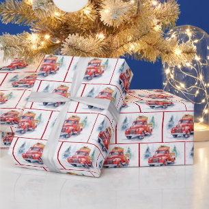 Waterverf retro rode truck in sneeuwvlokken cadeaupapier