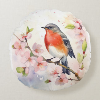 Waterverf Robin op Lente Kersenbloesemtak Rond Kussen
