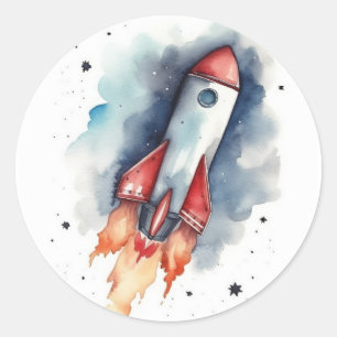 Waterverf Rocketship door de sterren vliegt Ronde Sticker