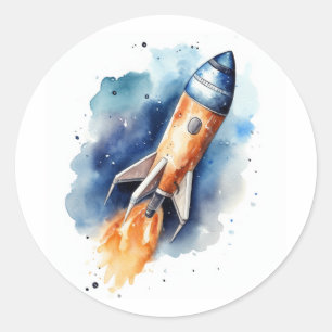 Waterverf Rocketship door de sterren vliegt Ronde Sticker