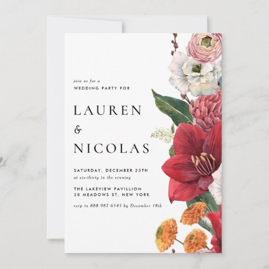 Waterverf Rode Amaryllis Botanische Huwelijksfeest Kaart (Voorkant)