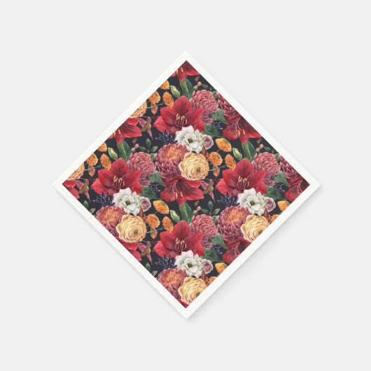 Waterverf Rode Amaryllis en Chrysanthemums Bloemen Servet (Hoek)