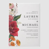 Waterverf rode amaryllis en herfstbloemenbruiloft vellum uitnodigingen (Voorkant)