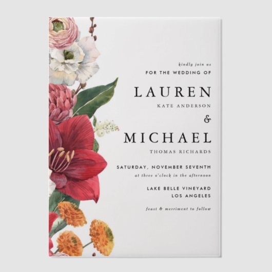 Waterverf rode amaryllis en herfstbloemenbruiloft vellum uitnodigingen (Voorkant)