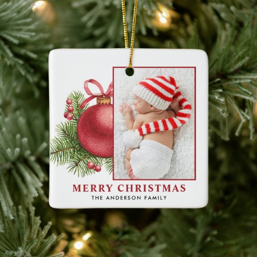 Waterverf Rode Bal Bauble Foto Kerst Keramisch Ornament (Boom)