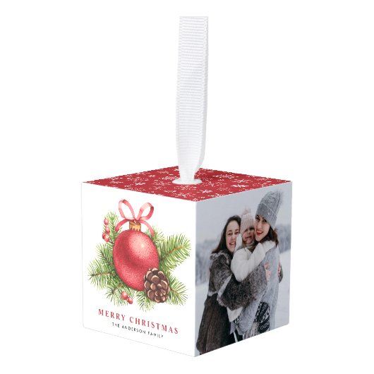 Waterverf Rode Bal Bauble Foto Kerst Kubus Ornament (Voorkant hoekig)