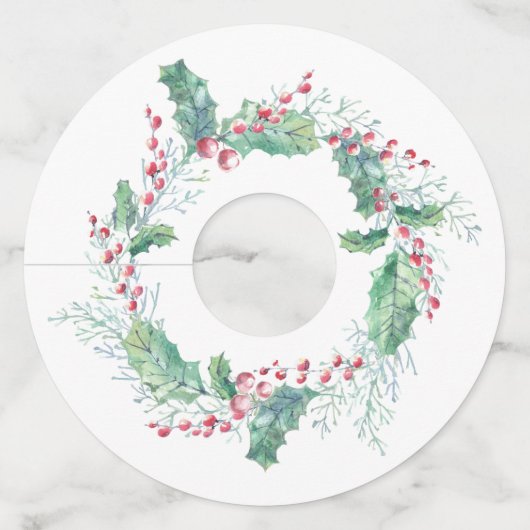 Waterverf Rode bessen en Holly Leaves Wijnglaslabel (Voorkant)