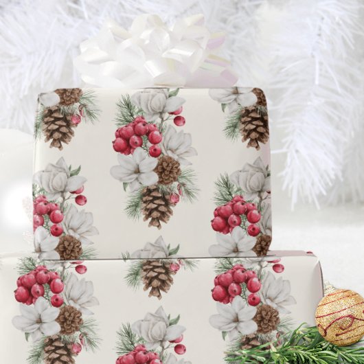 Waterverf Rode bessen Pine Cone Christmas Cadeaupapier