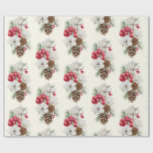 Waterverf Rode bessen Pine Cone Christmas Cadeaupapier (Vlak)