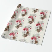Waterverf Rode bessen Pine Cone Christmas Cadeaupapier (Uitgerold)