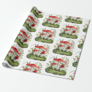 Waterverf Rode bossen Wilde paddenstoelen en Plant Cadeaupapier