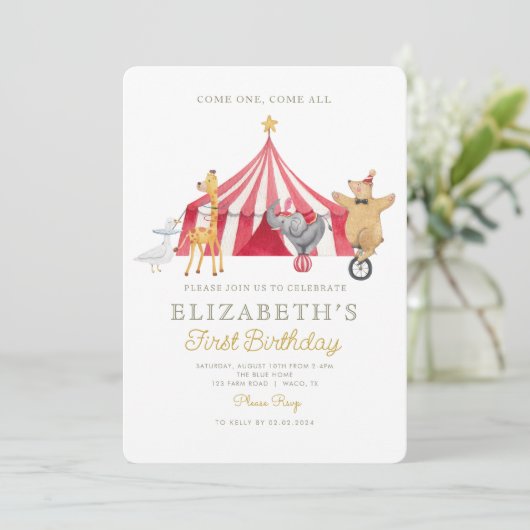 Waterverf Rode Circus Kermis Baby Verjaardag Kaart (Staand voorkant)