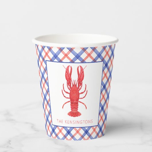 Waterverf rode en blauwe plaid kreeft papieren bekers (Voorkant)