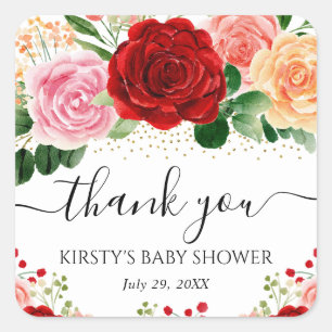 Waterverf Rode en Gele Rozen Baby Shower Vierkante Sticker
