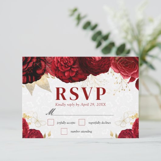 Waterverf rode en gouden bloemen bruiloft RSVP kaartje (Staand voorkant)