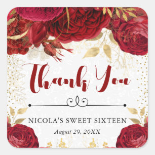 Waterverf Rode en Gouden Bloemen Sweet 16 Vierkante Sticker