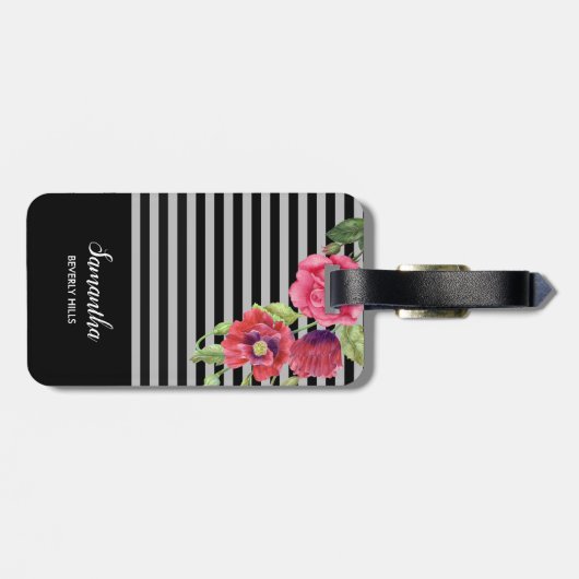 Waterverf rode en roze bloemen zwarte grijze strep bagagelabel (Achterkant horizontaal)
