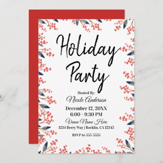 Waterverf Rode Feestelijke Winterparty Bessen Blad Kaart (Voorkant / Achterkant)