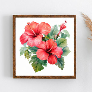 Waterverf Rode Felere Hibiscus Bloemgroen Poster