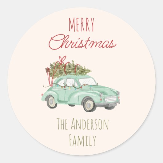  Waterverf Rode Groene Autoboom Kerst Ronde Sticker (Voorkant)