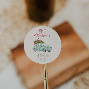 Waterverf Rode Groene Autoboom Kerst Ronde Sticker