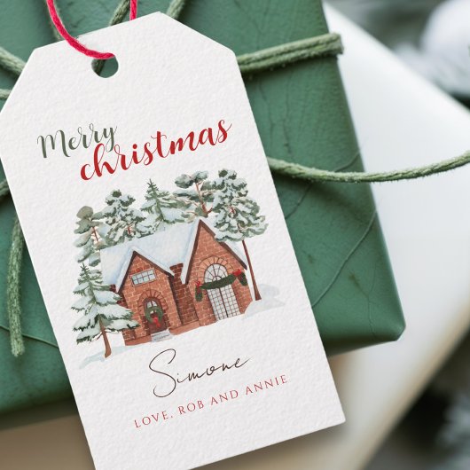 Waterverf Rode Groene Kerstboom Cadeaulabel