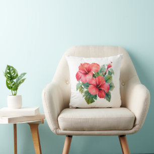 Waterverf Rode Hibiscus Tropische Bloemen Groene P Kussen