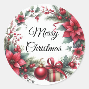 Waterverf rode kerstbloem ronde sticker
