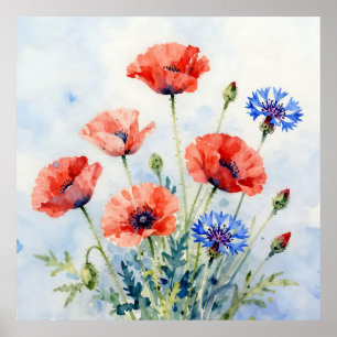 Waterverf Rode Klaproos Blauwe Korenbloem Boeket Poster