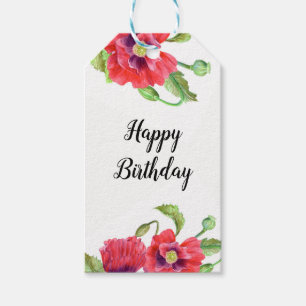 Waterverf rode klaprozen Floral Art Happy Birthday Cadeaulabel