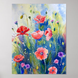 Waterverf rode papavers poster