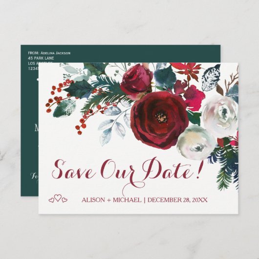 Waterverf rode pioenen winter bruiloft opslaan dat aankondigingskaart (Voorkant / Achterkant)