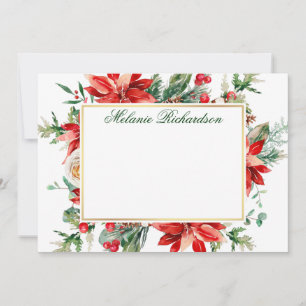 Waterverf Rode Poinsettia Bloemen Gouden Groenelem Notitiekaartje