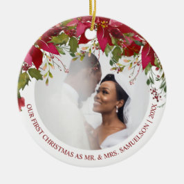 Waterverf Rode Poinsettia Eerste Kerstmis Mr. Mrs Keramisch Ornament