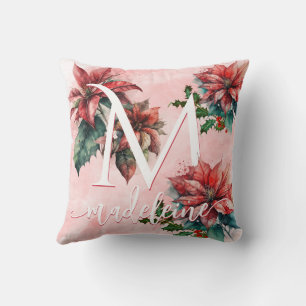Waterverf Rode Poinsettia Mistletoe Naam Kerst Kussen