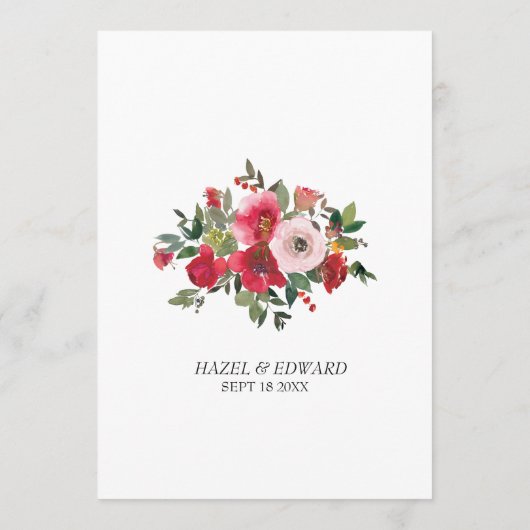 Waterverf Rode Rose Bloemen Bruiloft Menu (Achterkant)