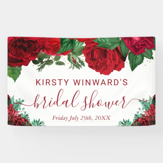 Waterverf Rode Rozen Bruidsdouche Welkom Spandoek (Horizontaal)