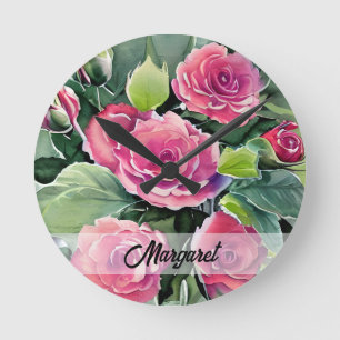 Waterverf Rode Rozen Gepersonaliseerd Ronde Klok