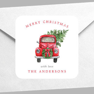 Waterverf Rode Truck Krans Kerstmis Vierkante Sticker
